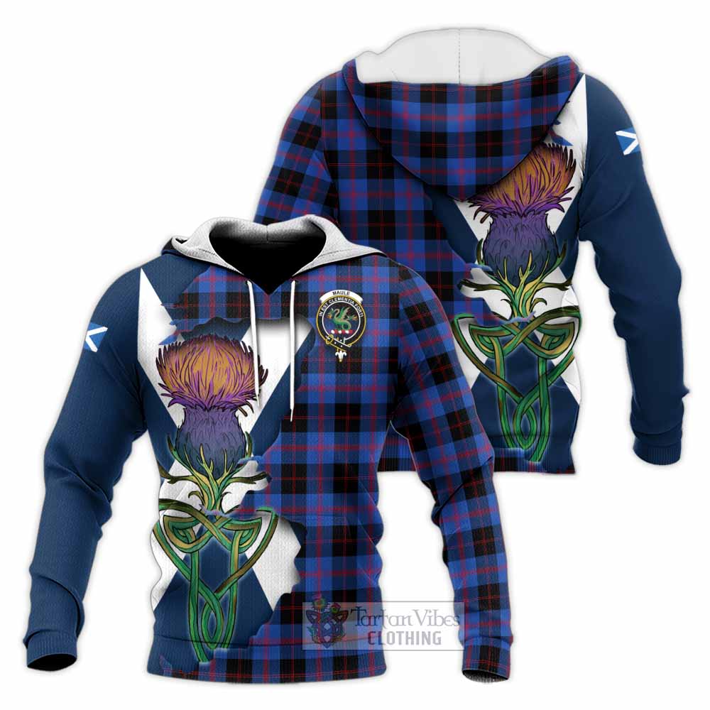 Tartan Vibes Clothing Maule Tartan Family Crest Knitted Hoodie Scottish Thistle Celtic Inspired