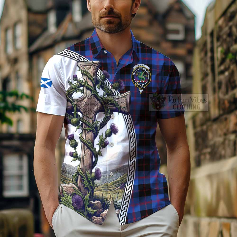 Tartan Vibes Clothing Maule Tartan Short Sleeve Button Shirt with Family Crest and St. Andrew's Cross Accented by Thistle Vines
