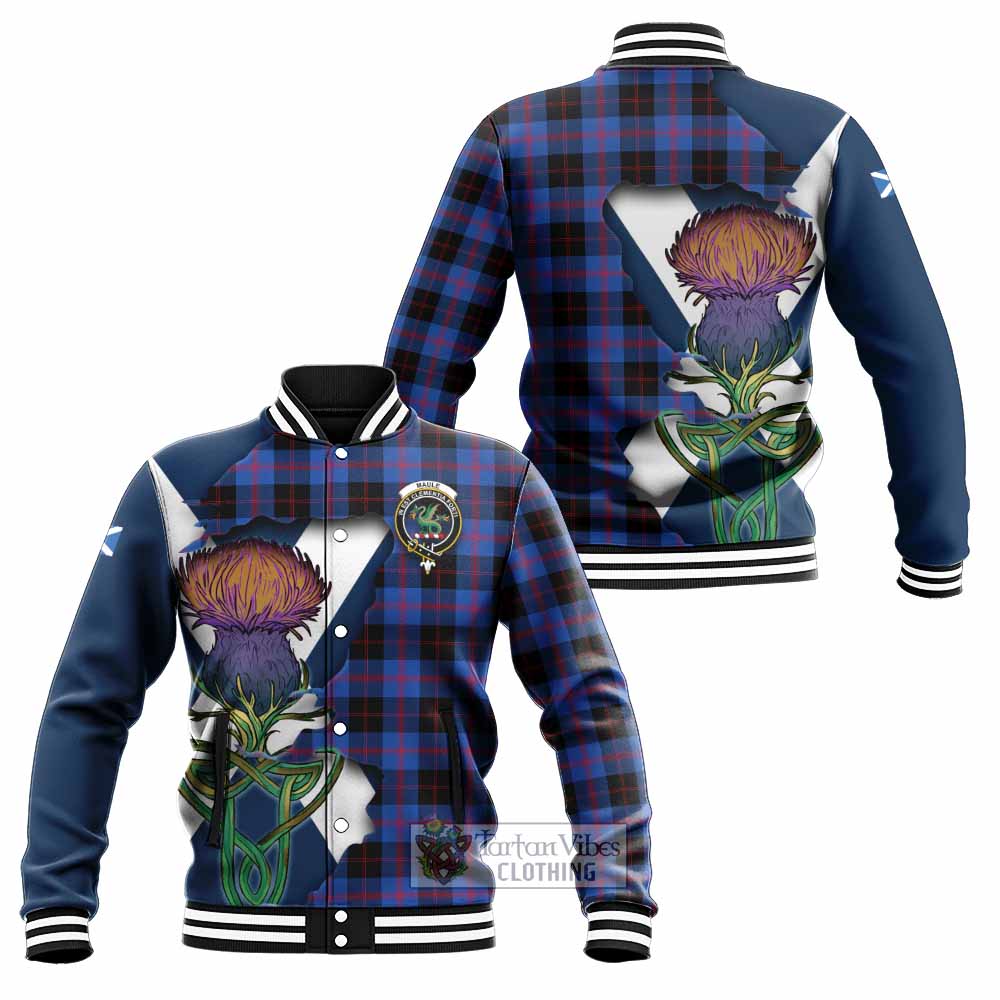 Tartan Vibes Clothing Maule Tartan Family Crest Baseball Jacket Scottish Thistle Celtic Inspired