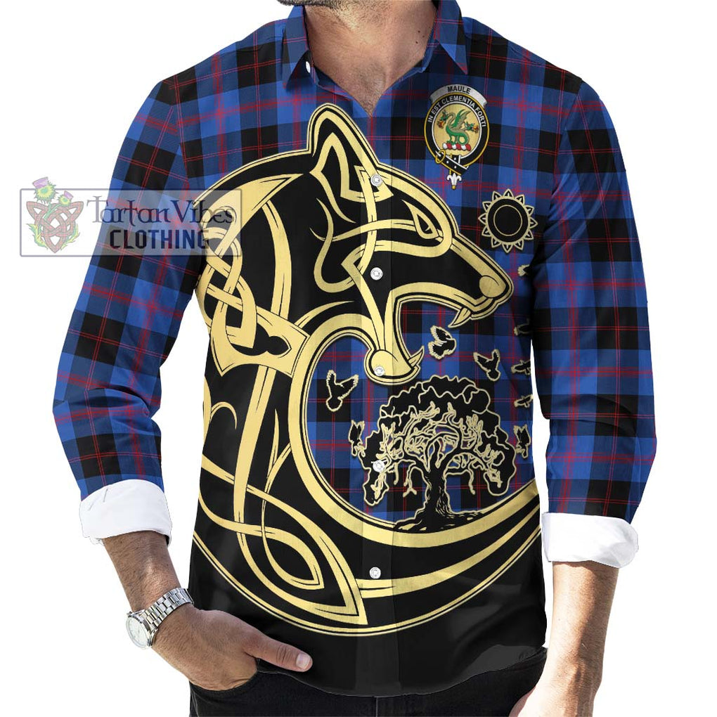 Maule Tartan Long Sleeve Button Shirt with Family Crest Celtic Wolf Style - Tartan Vibes Clothing