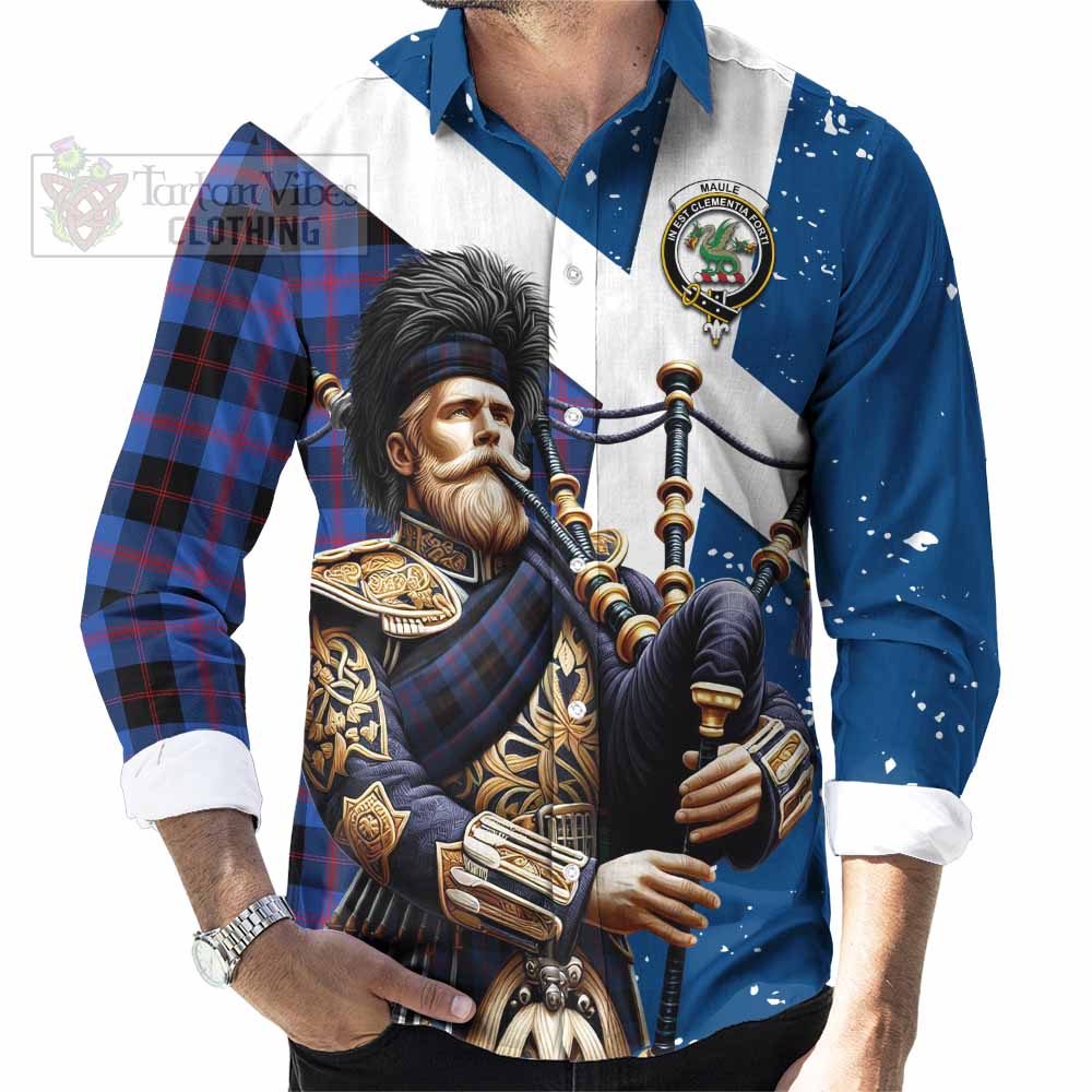 Tartan Vibes Clothing Maule Tartan Long Sleeve Button Shirt with Family Crest Scottish Bagpiper Vibes