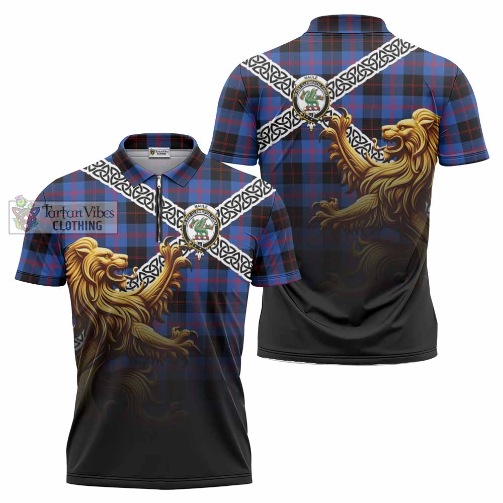 Tartan Vibes Clothing Maule Crest Tartan Zipper Polo Shirt with Golden Lion Emblem Celtic Style