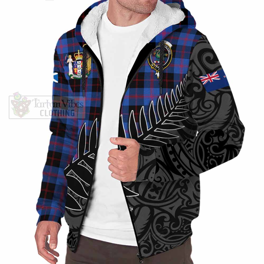 Tartan Vibes Clothing Maule Crest Tartan Sherpa Hoodie with New Zealand Silver Fern Half Style