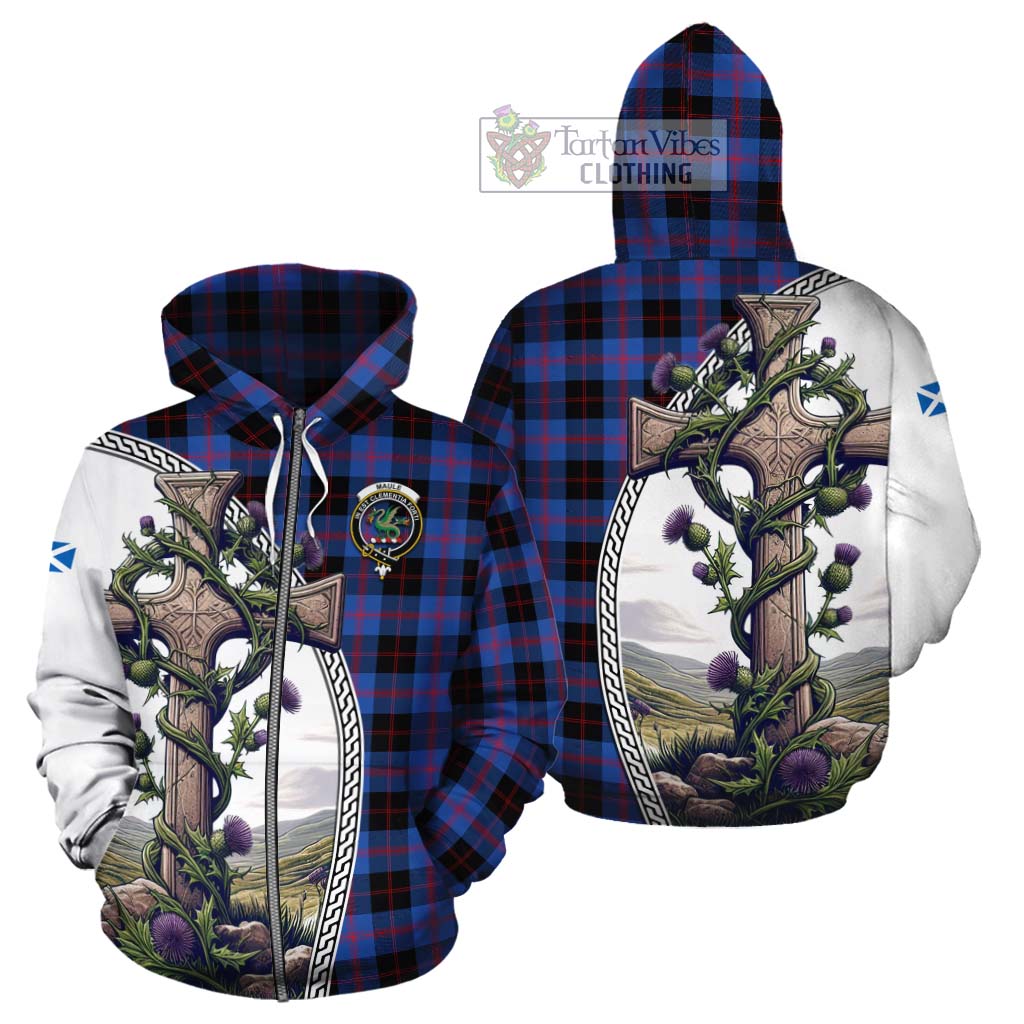 Tartan Vibes Clothing Maule Tartan Cotton Hoodie with Family Crest and St. Andrew's Cross Accented by Thistle Vines