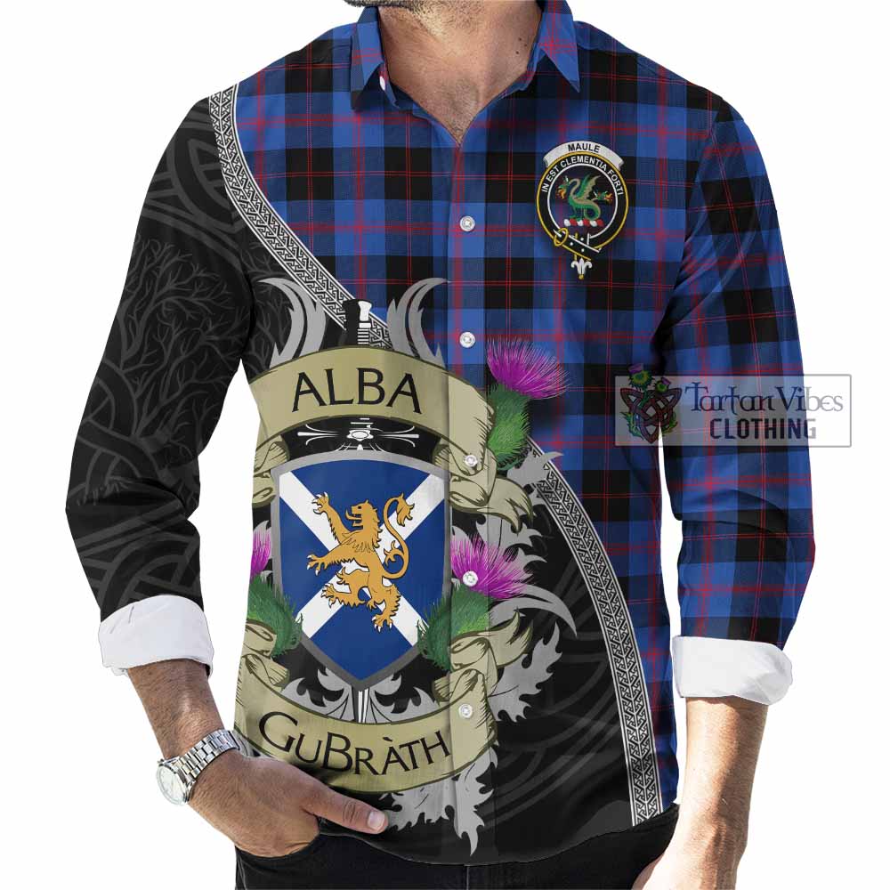 Tartan Vibes Clothing Maule Tartan Family Crest Long Sleeve Button Shirt Lion Rampant Royal Thistle Shield Celtic Inspired