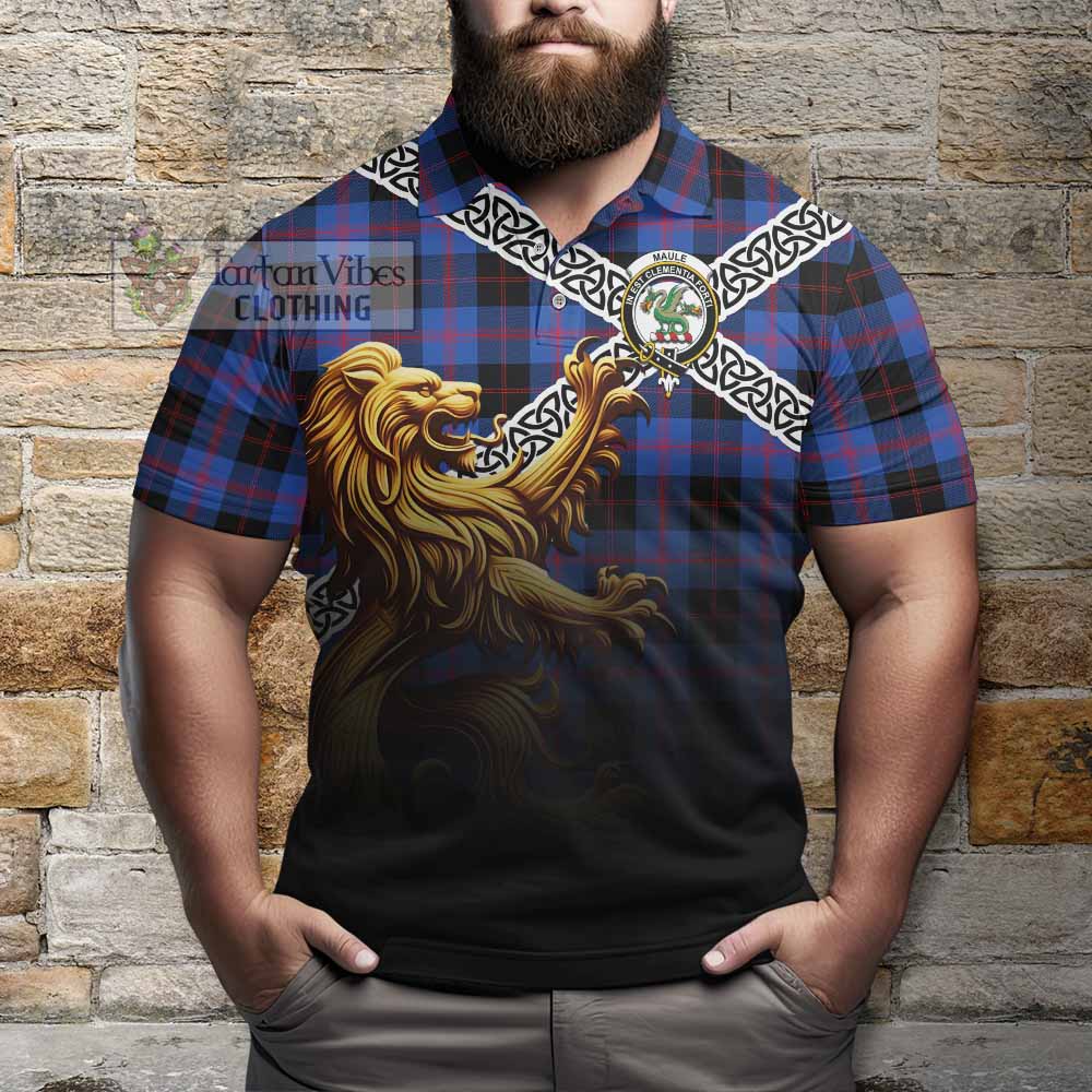 Tartan Vibes Clothing Maule Crest Tartan Polo Shirt with Golden Lion Emblem Celtic Style