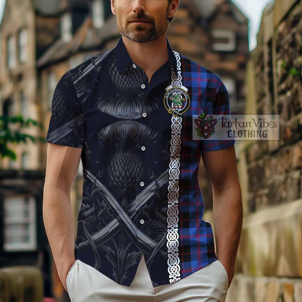 Tartan Vibes Clothing Maule Tartan Short Sleeve Button Shirt with Family Crest Cross Sword Thistle Celtic Vibes