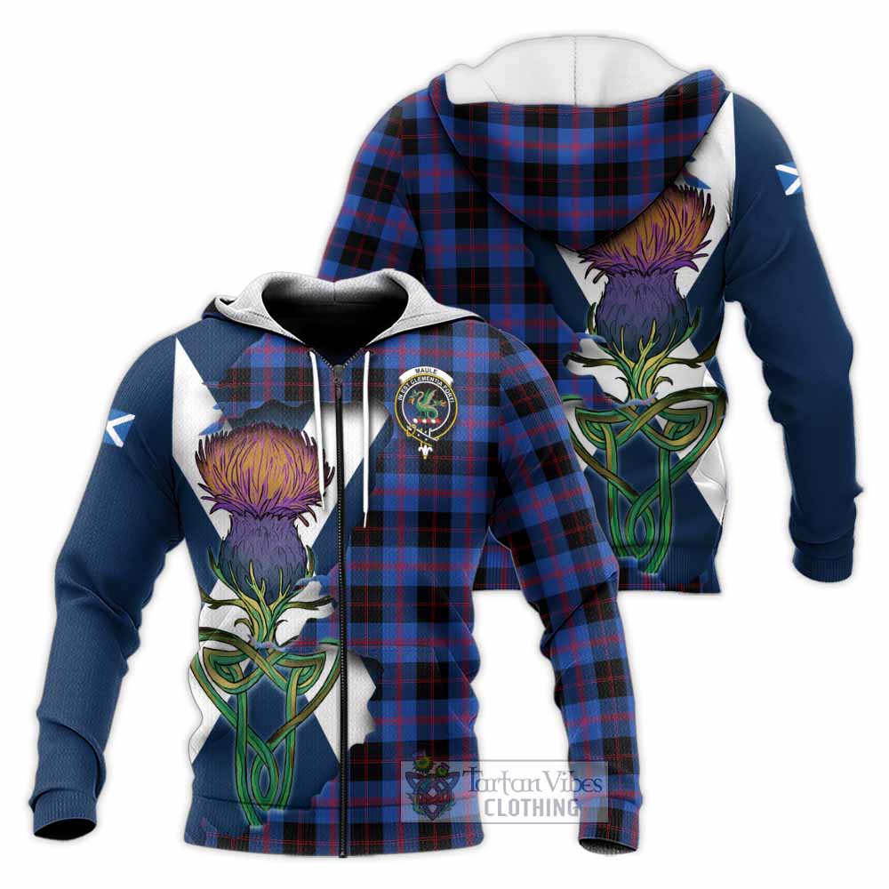 Tartan Vibes Clothing Maule Tartan Family Crest Knitted Hoodie Scottish Thistle Celtic Inspired