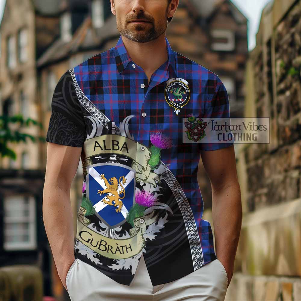 Tartan Vibes Clothing Maule Tartan Family Crest Short Sleeve Button Shirt Lion Rampant Royal Thistle Shield Celtic Inspired