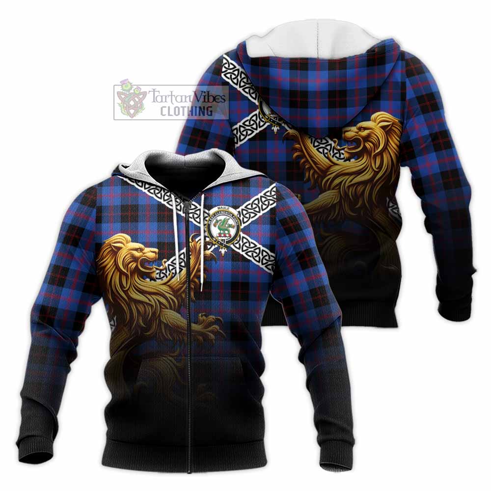 Tartan Vibes Clothing Maule Crest Tartan Knitted Hoodie with Golden Lion Emblem Celtic Style