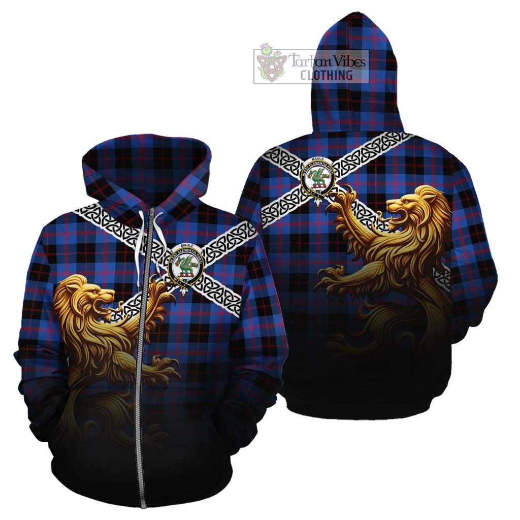 Tartan Vibes Clothing Maule Crest Tartan Cotton Hoodie with Golden Lion Emblem Celtic Style