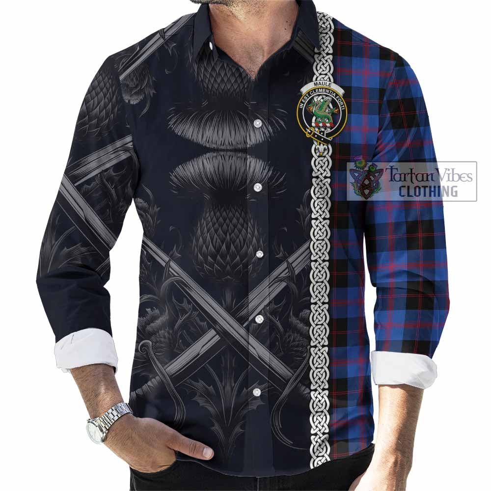 Tartan Vibes Clothing Maule Tartan Long Sleeve Button Shirt with Family Crest Cross Sword Thistle Celtic Vibes