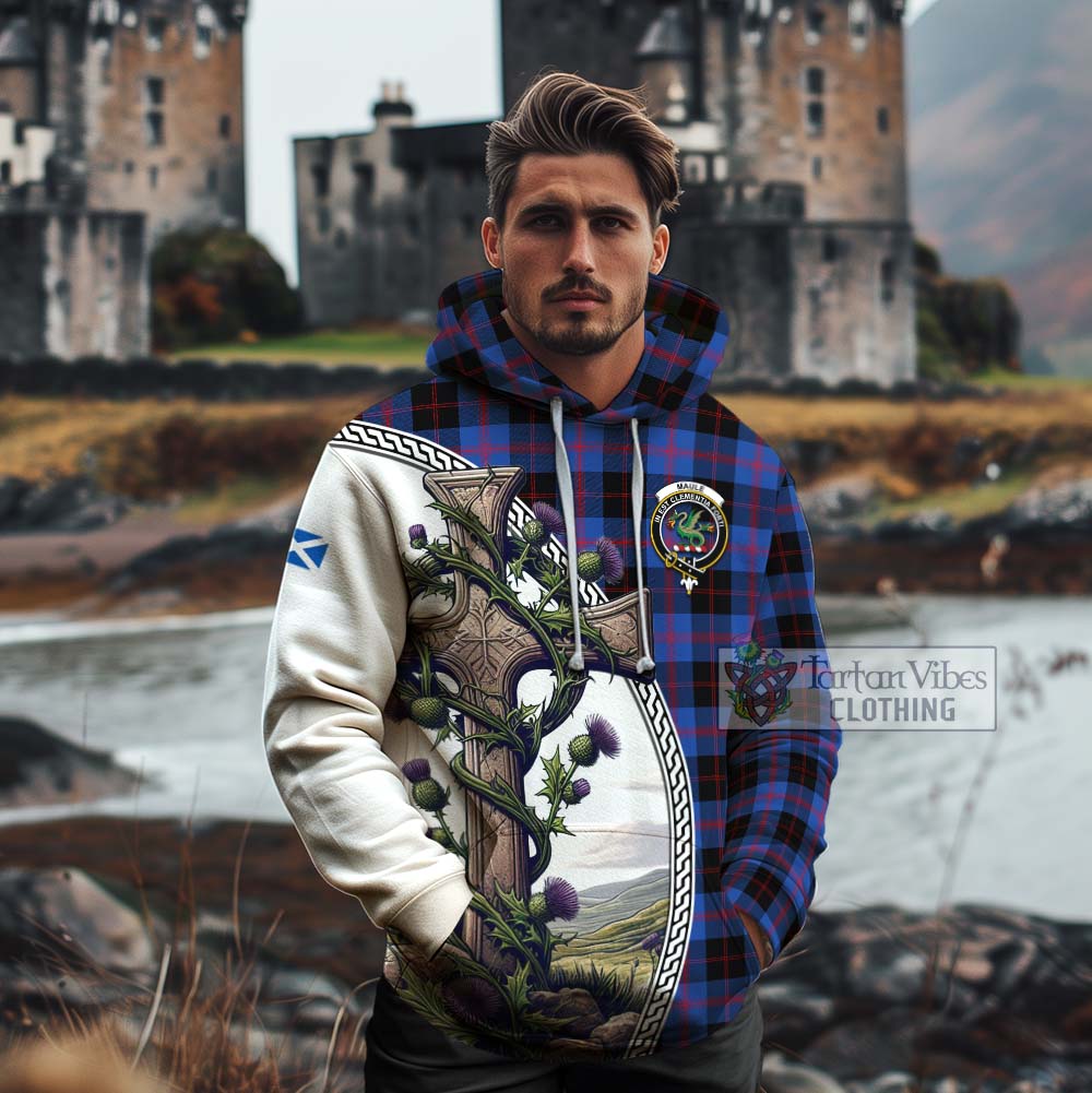 Tartan Vibes Clothing Maule Tartan Cotton Hoodie with Family Crest and St. Andrew's Cross Accented by Thistle Vines
