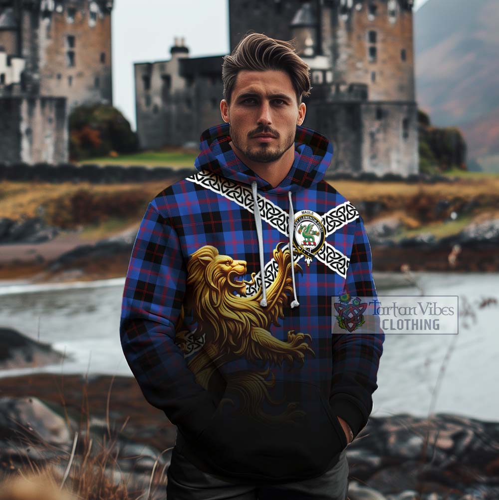 Tartan Vibes Clothing Maule Crest Tartan Cotton Hoodie with Golden Lion Emblem Celtic Style