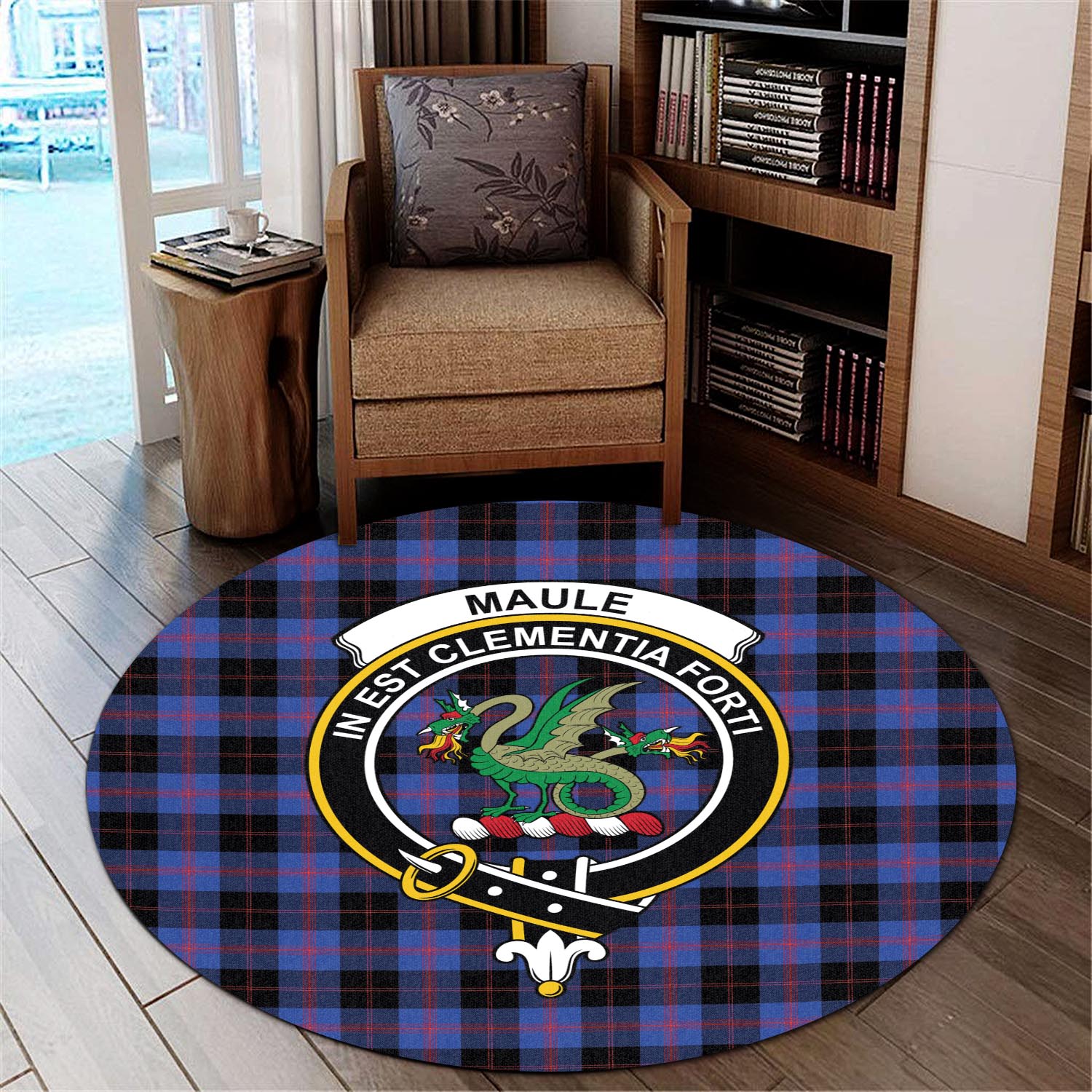 maule-tartan-round-rug-with-family-crest