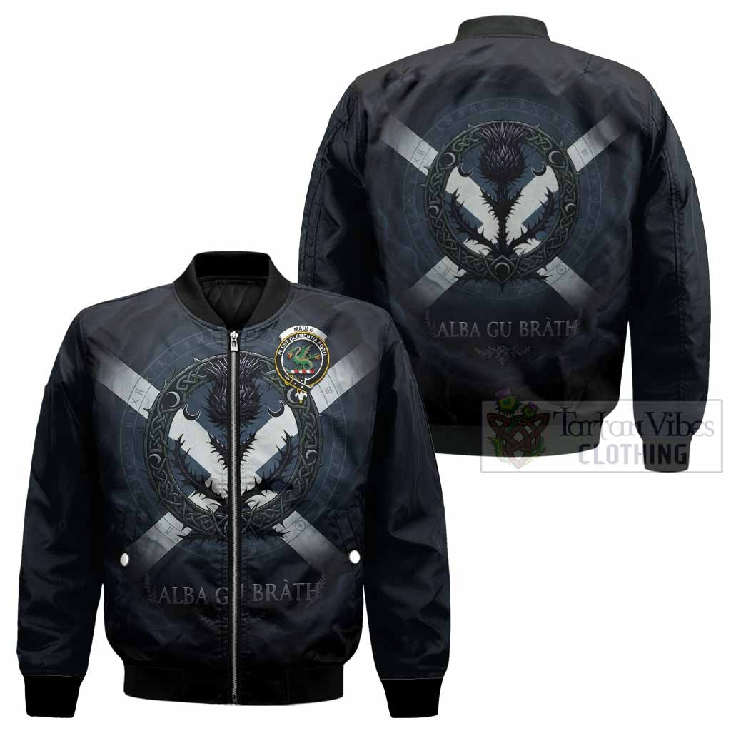Maule Clan Crest Bomber Jacket with Celtic Knot Thistle and Saltire