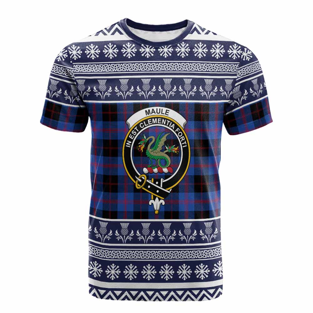 Maule Clan Tartan Christmas Cotton T-shirt with Family Crest - Tartan Vibes Clothing