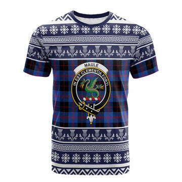 Maule Clan Tartan Christmas Cotton T-shirt with Family Crest