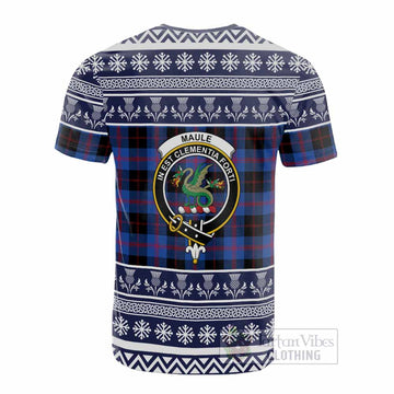 Maule Clan Tartan Christmas Cotton T-shirt with Family Crest
