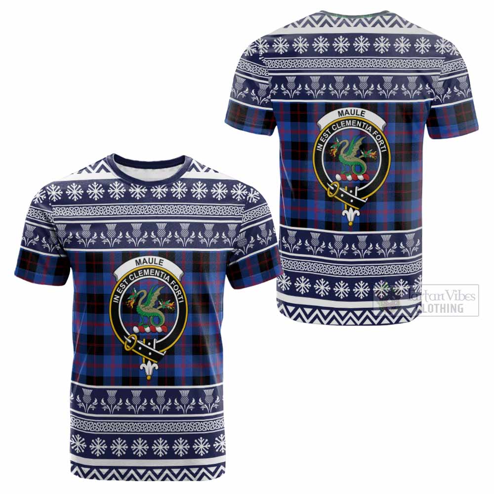 Maule Clan Tartan Christmas Cotton T-shirt with Family Crest - Tartan Vibes Clothing