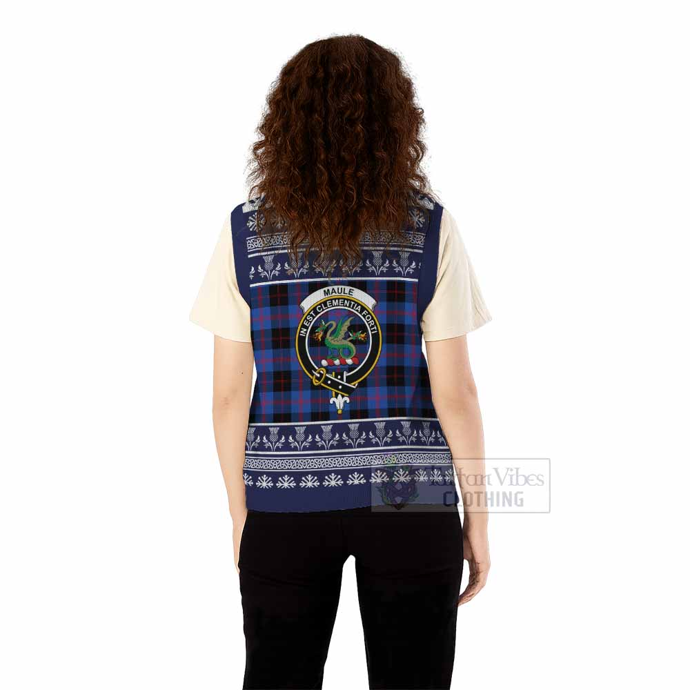 Maule Clan Tartan Christmas Knitted V-Neck Vest with Family Crest - Tartan Vibes Clothing