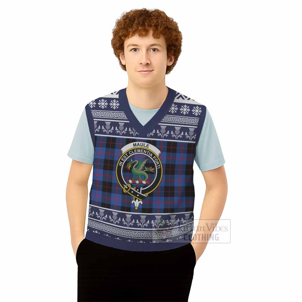 Maule Clan Tartan Christmas Knitted V-Neck Vest with Family Crest - Tartan Vibes Clothing