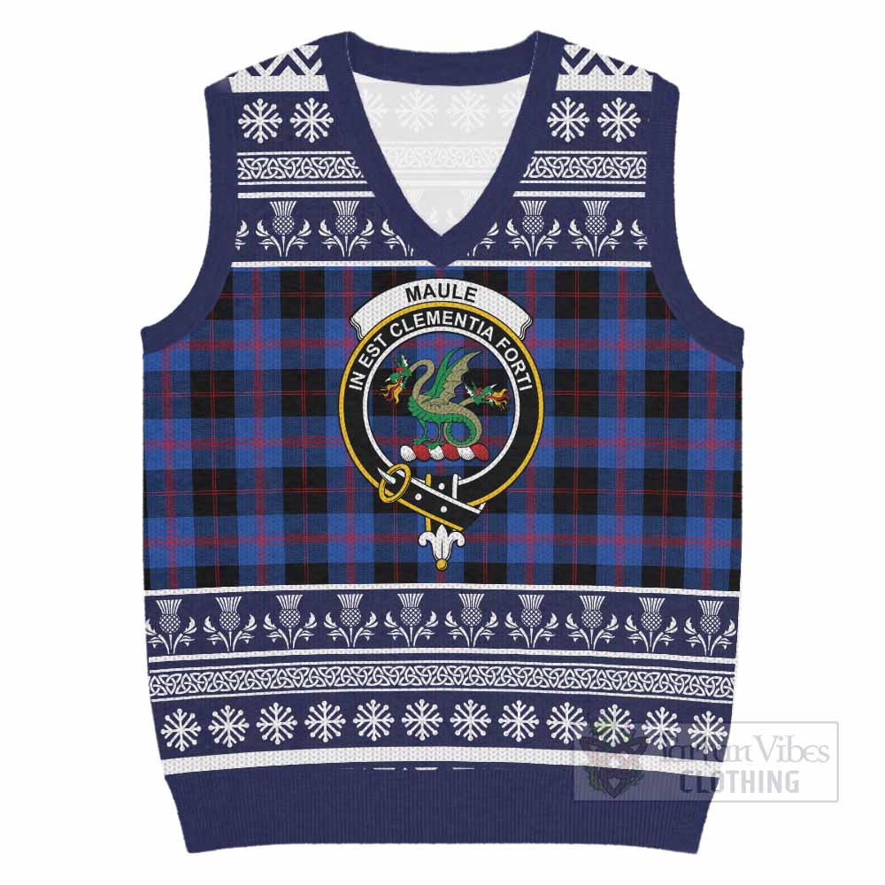 Maule Clan Tartan Christmas Knitted V-Neck Vest with Family Crest - Tartan Vibes Clothing