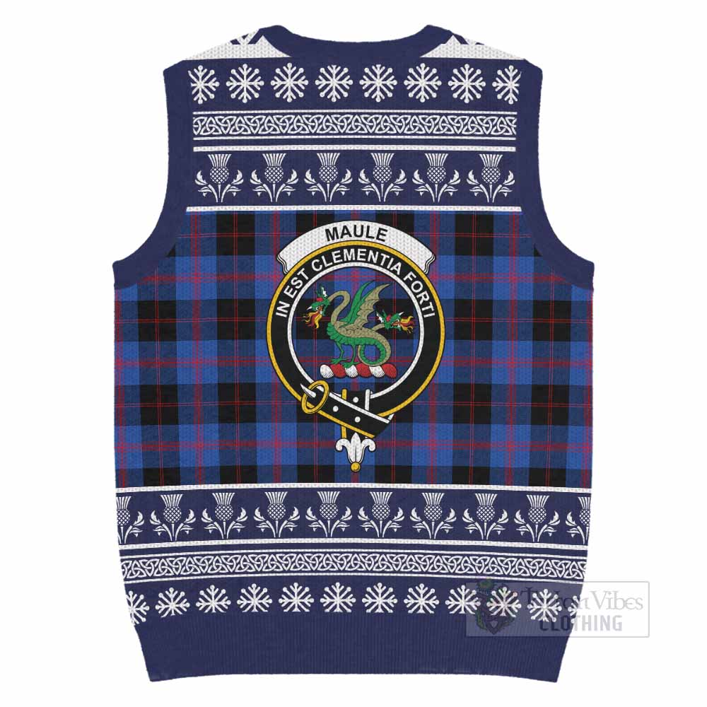 Maule Clan Tartan Christmas Knitted V-Neck Vest with Family Crest - Tartan Vibes Clothing