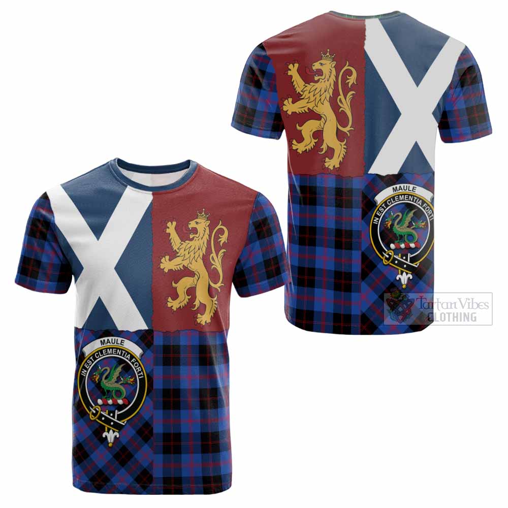 Maule Crest Tartan Cotton T-shirt with Lion Rampant Saltire Style - Tartan Vibes Clothing
