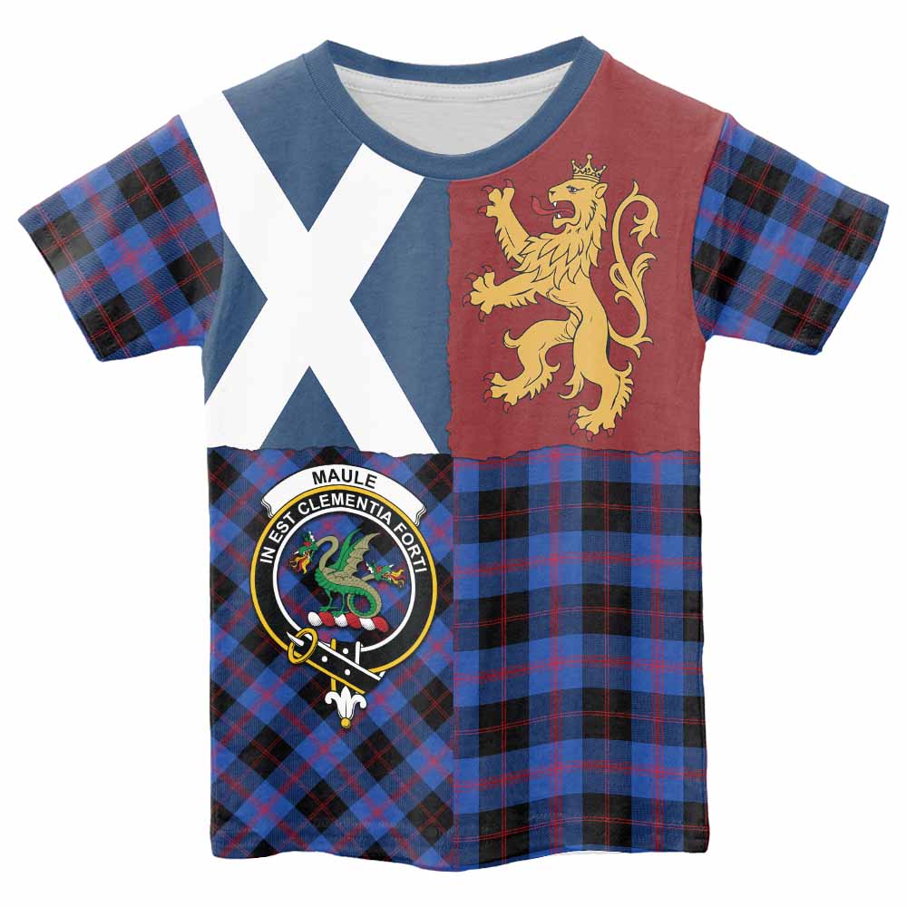 Maule Crest Tartan Kid T-shirt with Lion Rampant Saltire Style - Tartan Vibes Clothing