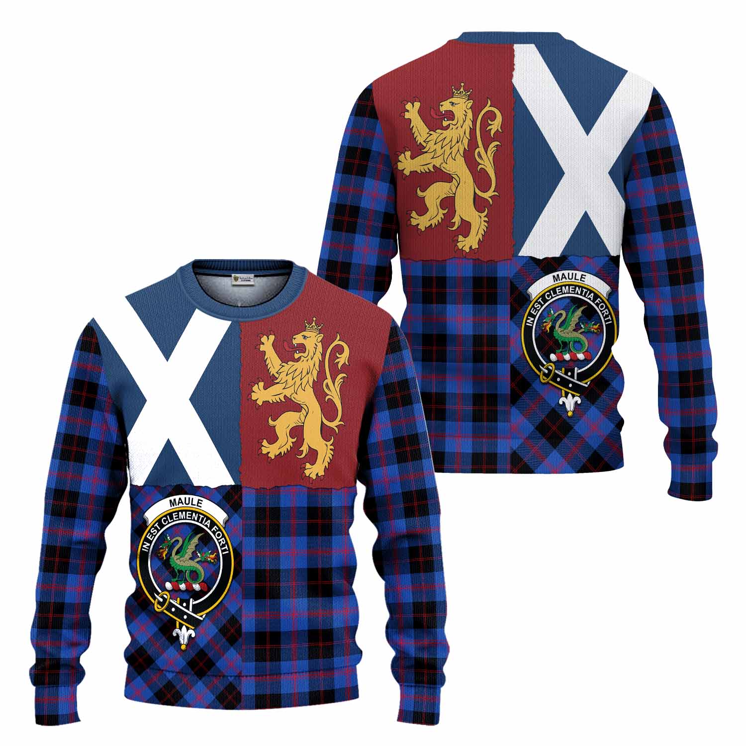 Maule Crest Tartan Knitted Sweater with Lion Rampant Saltire Style