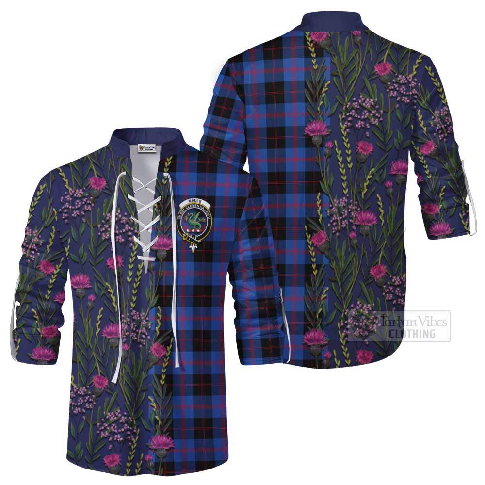 Maule Family Crest Tartan Ghillie Shirt Scottish Thistle Flower Pattern Half Style - Tartan Vibes Clothing