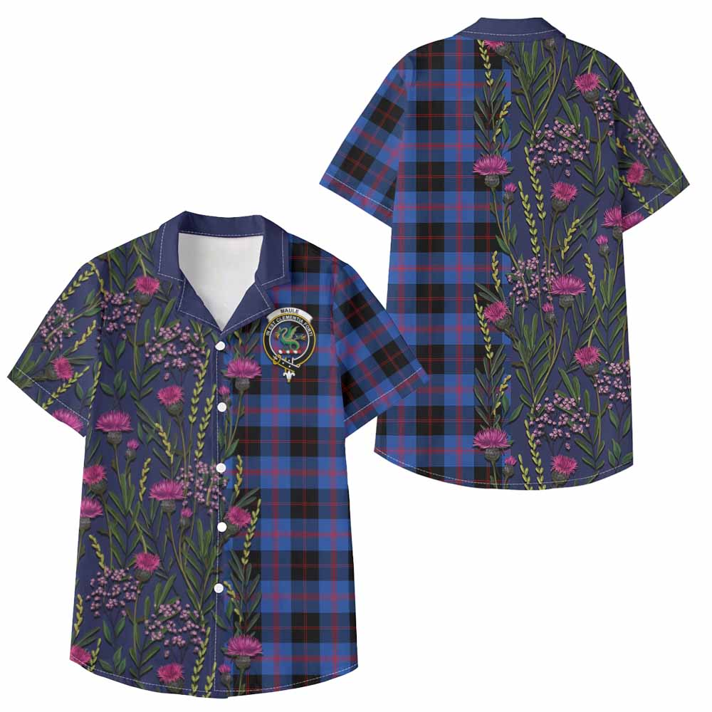 Maule Family Crest Tartan Kid Hawaiian Shirt Scottish Thistle Flower Pattern Half Style - Tartan Vibes Clothing