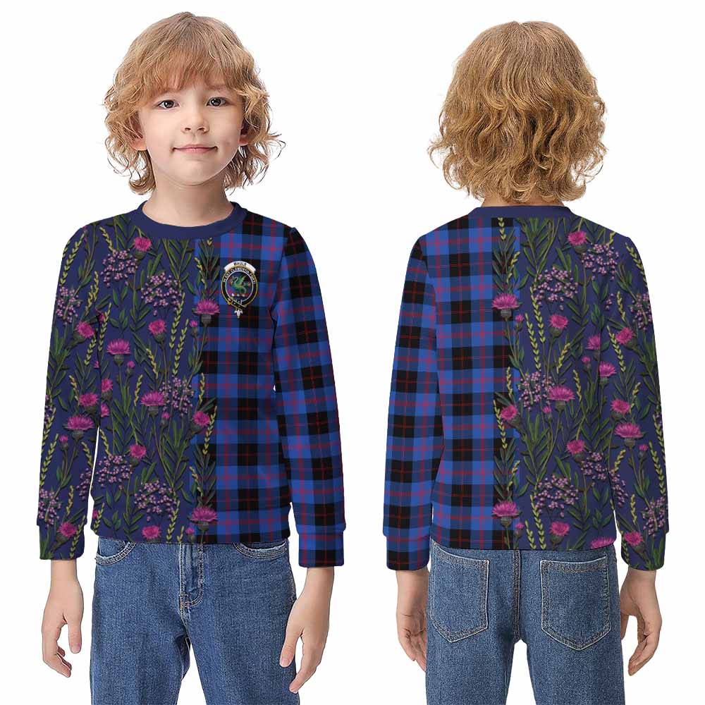Maule Family Crest Tartan Kid Knitted Sweatshirt Scottish Thistle Flower Pattern Half Style - Tartan Vibes Clothing