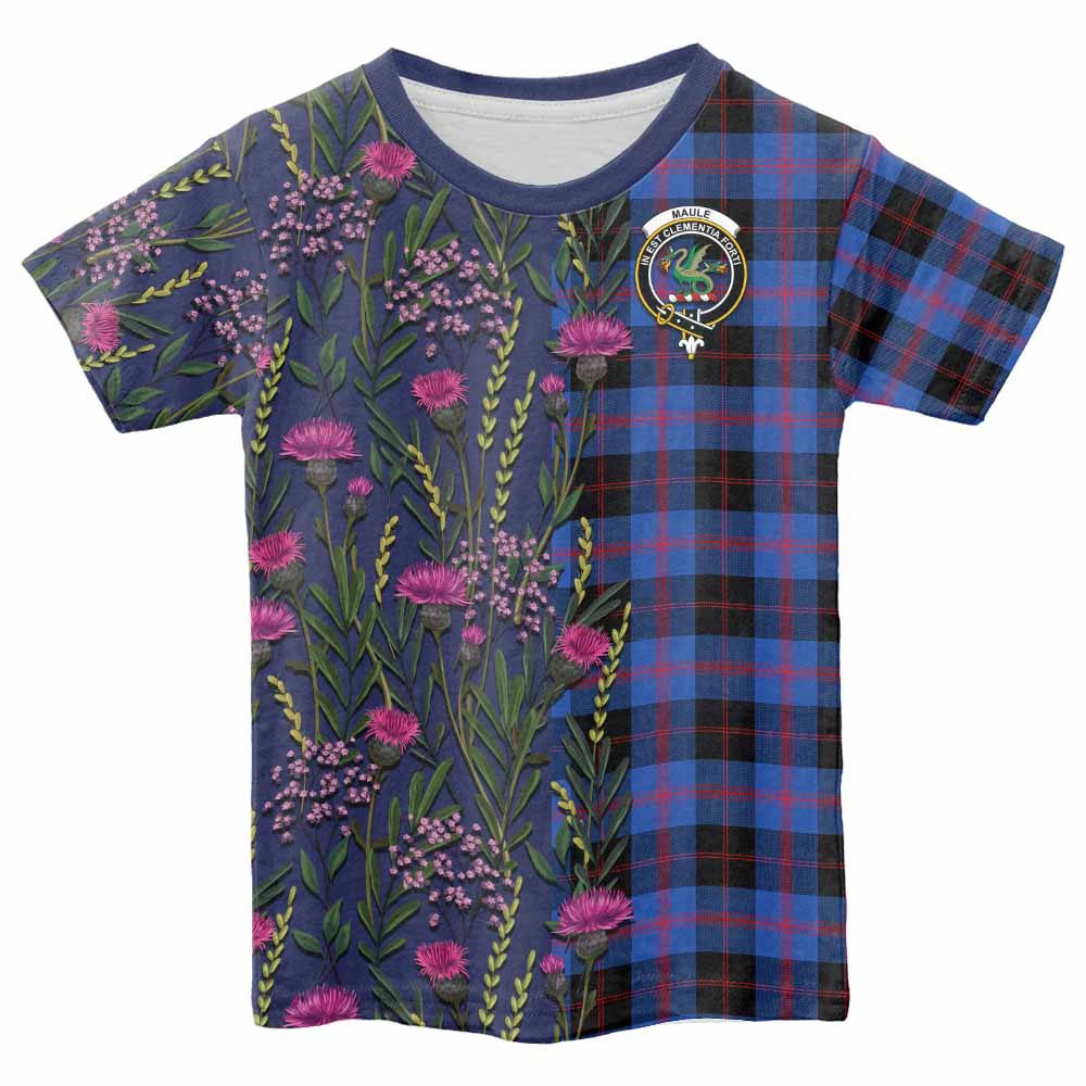 Maule Family Crest Tartan Kid T-shirt Scottish Thistle Flower Pattern Half Style - Tartan Vibes Clothing