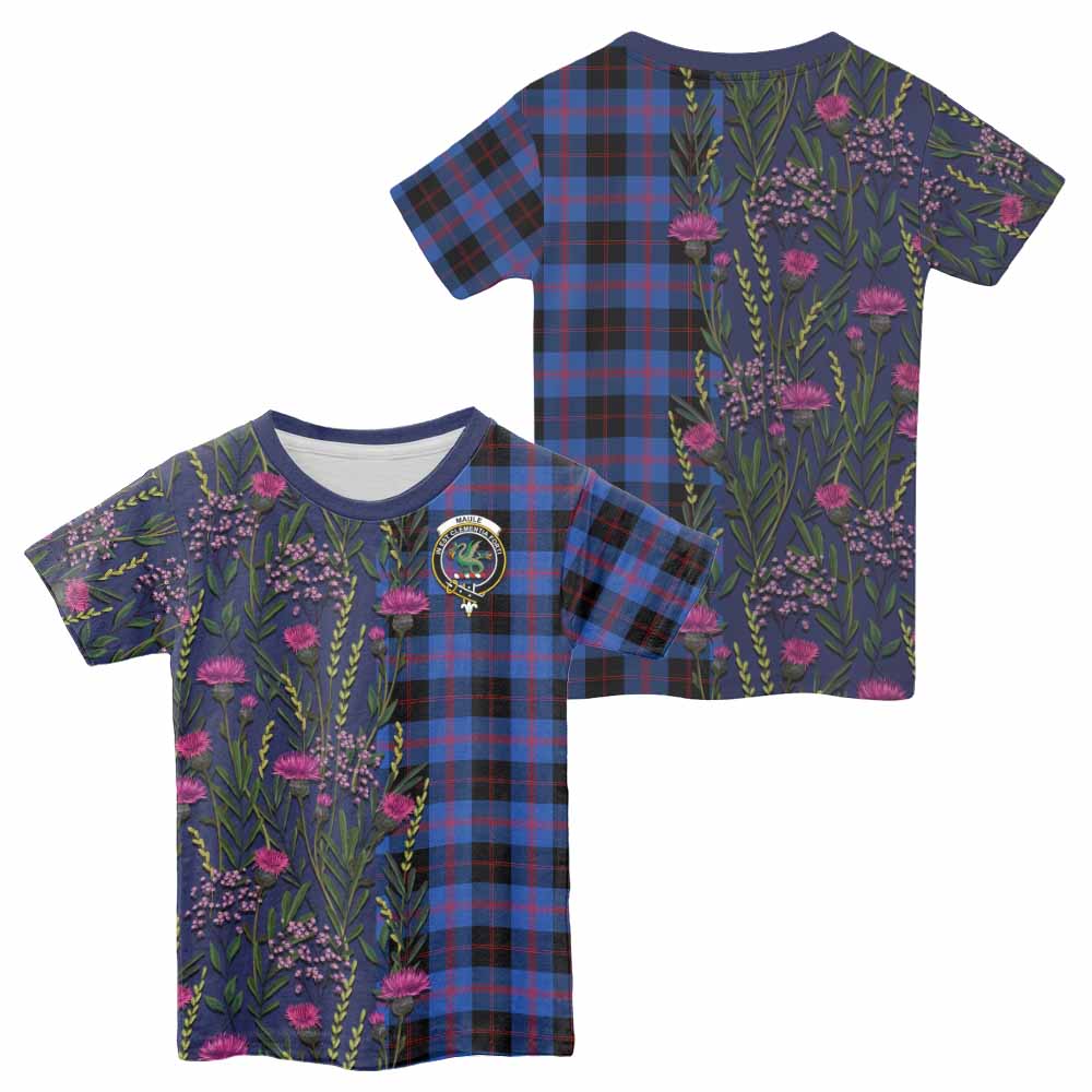 Maule Family Crest Tartan Kid T-shirt Scottish Thistle Flower Pattern Half Style - Tartan Vibes Clothing