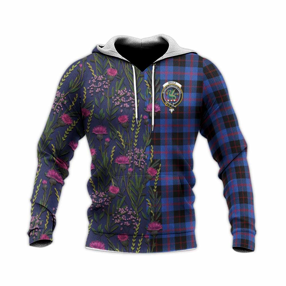 Maule Family Crest Tartan Knitted Hoodie Scottish Thistle Flower Pattern Half Style - Tartan Vibes Clothing