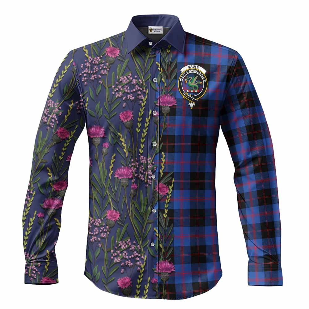 Maule Family Crest Tartan Long Sleeve Button Shirts Scottish Thistle Flower Pattern Half Style - Tartan Vibes Clothing