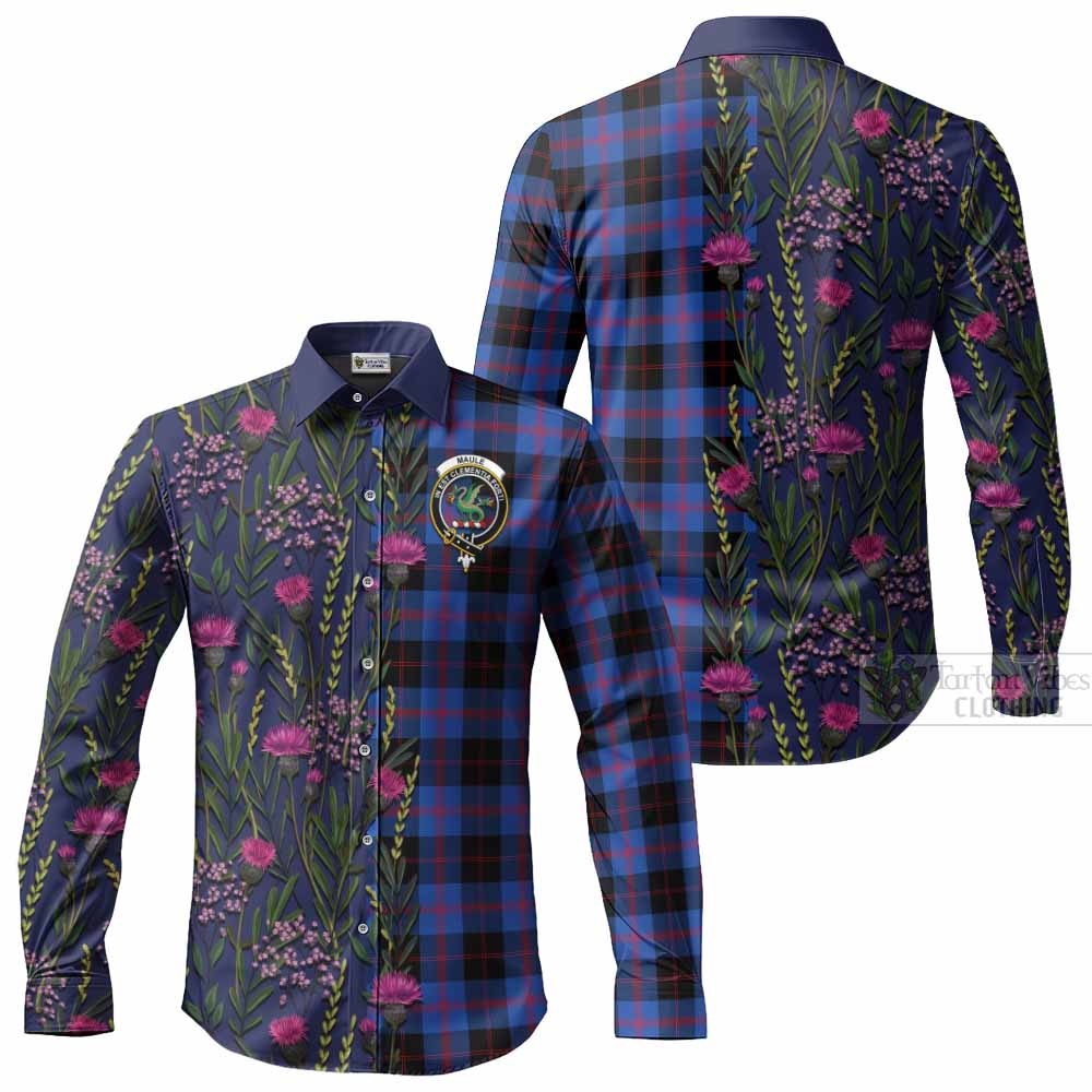 Maule Family Crest Tartan Long Sleeve Button Shirts Scottish Thistle Flower Pattern Half Style - Tartan Vibes Clothing
