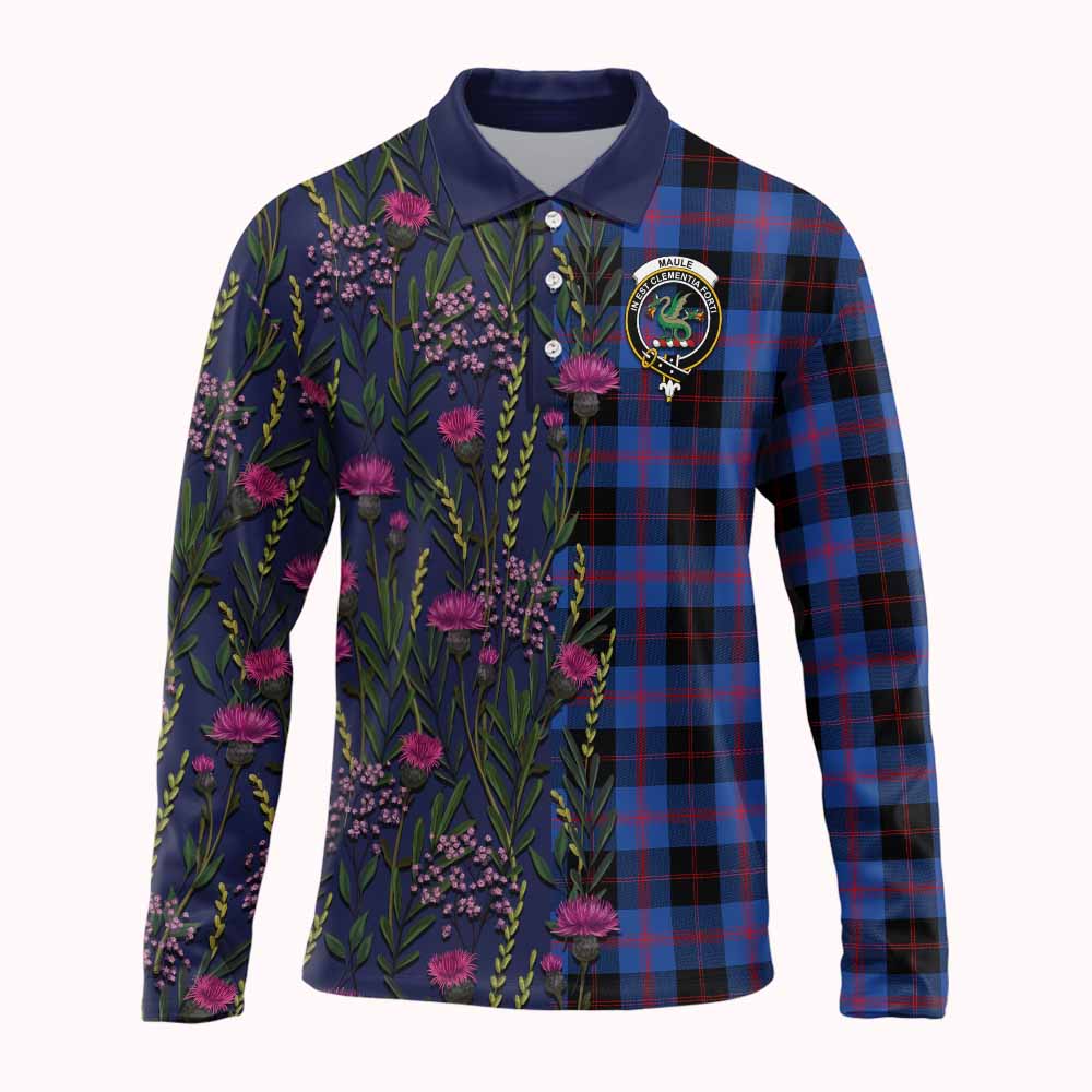Maule Family Crest Tartan Long Sleeve Polo Shirt Scottish Thistle Flower Pattern Half Style - Tartan Vibes Clothing