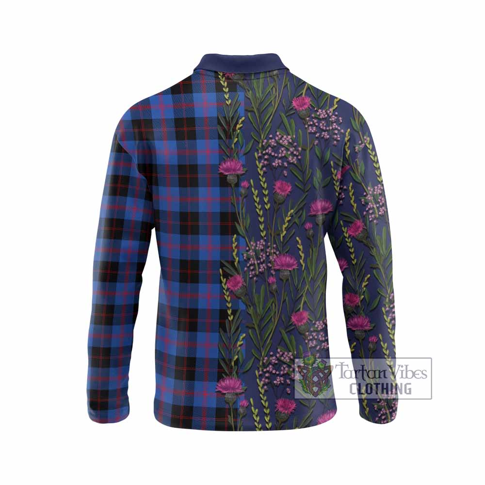 Maule Family Crest Tartan Long Sleeve Polo Shirt Scottish Thistle Flower Pattern Half Style - Tartan Vibes Clothing