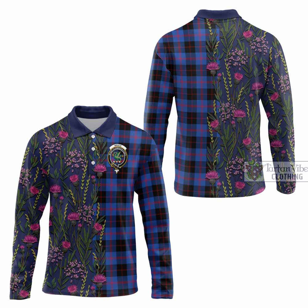 Maule Family Crest Tartan Long Sleeve Polo Shirt Scottish Thistle Flower Pattern Half Style - Tartan Vibes Clothing
