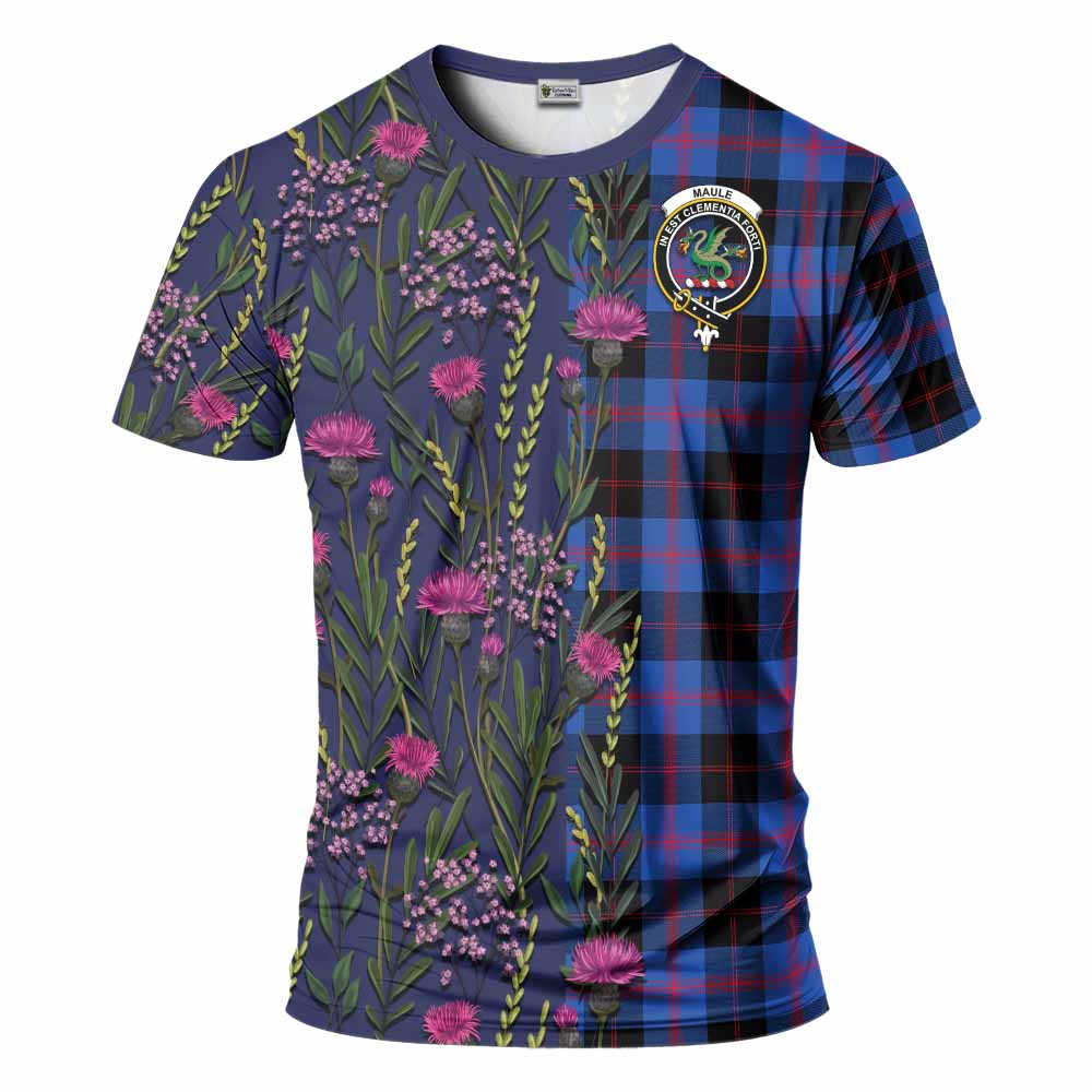 Maule Family Crest Tartan T-Shirt Scottish Thistle Flower Pattern Half Style - Tartan Vibes Clothing