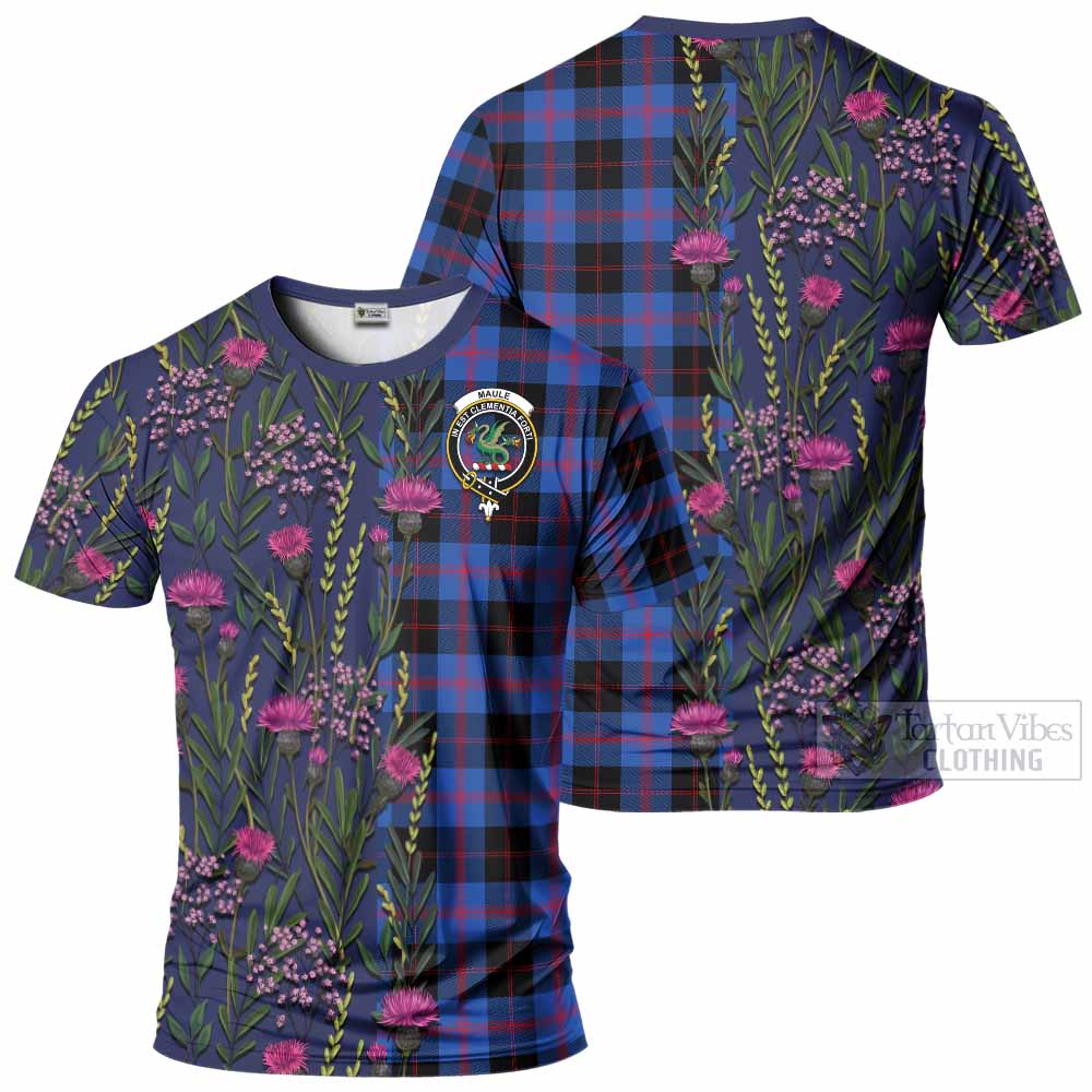 Maule Family Crest Tartan T-Shirt Scottish Thistle Flower Pattern Half Style - Tartan Vibes Clothing