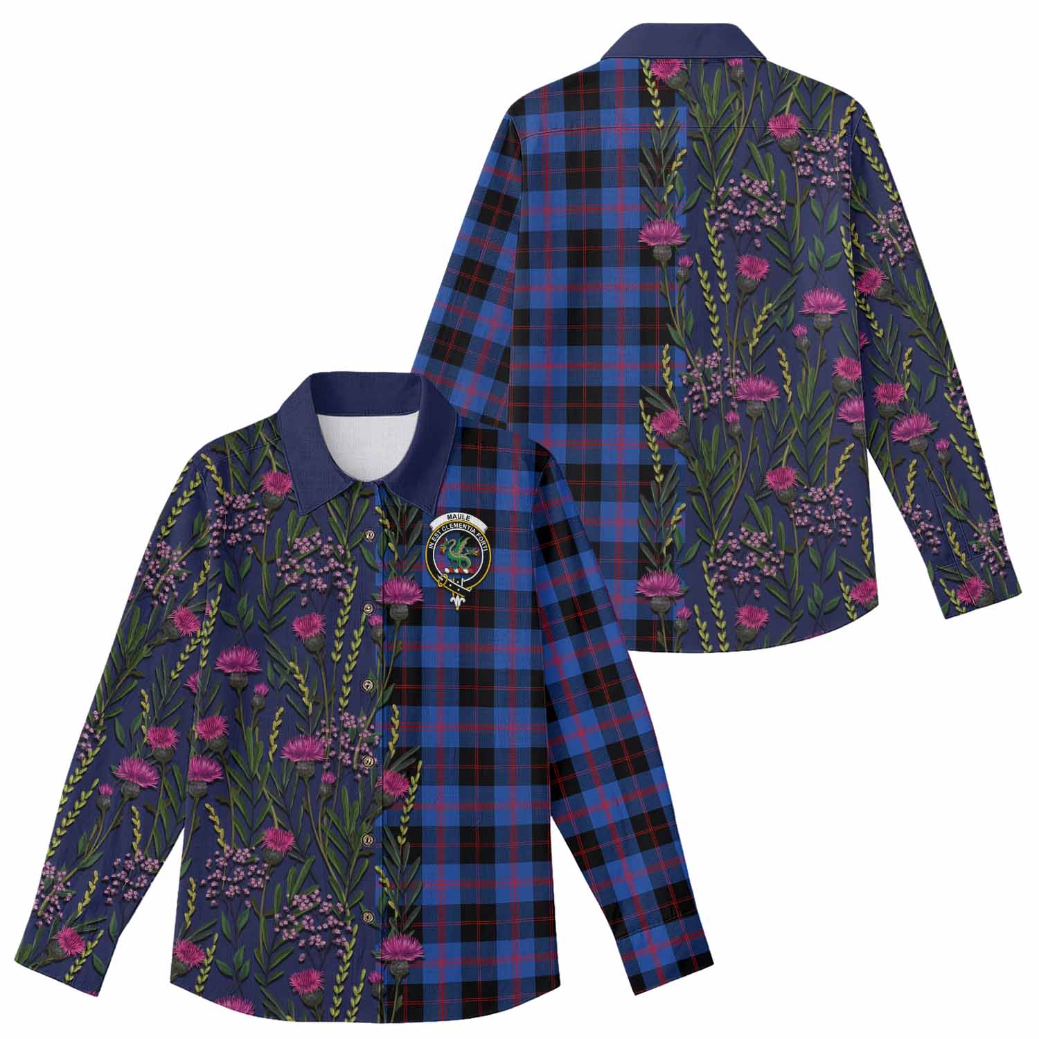 Maule Family Crest Tartan Women Casual Shirt Scottish Thistle Flower Pattern Half Style - Tartan Vibes Clothing
