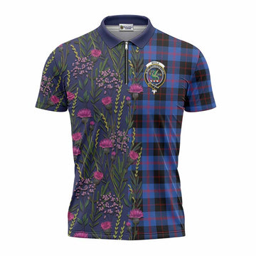 Maule Family Crest Tartan Zipper Polo Shirt Scottish Thistle Flower Pattern Half Style