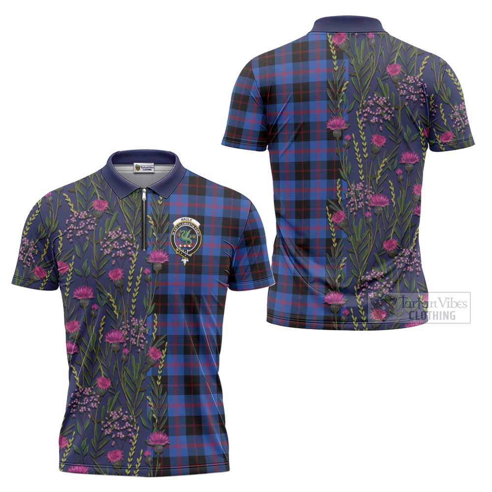 Maule Family Crest Tartan Zipper Polo Shirt Scottish Thistle Flower Pattern Half Style - Tartan Vibes Clothing