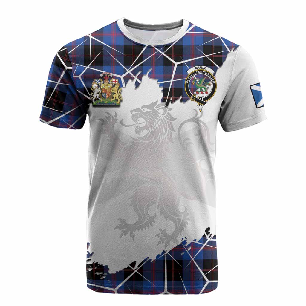 Maule Tartan Cotton T-shirt with Family Crest and Lion Rampant Grunge Style