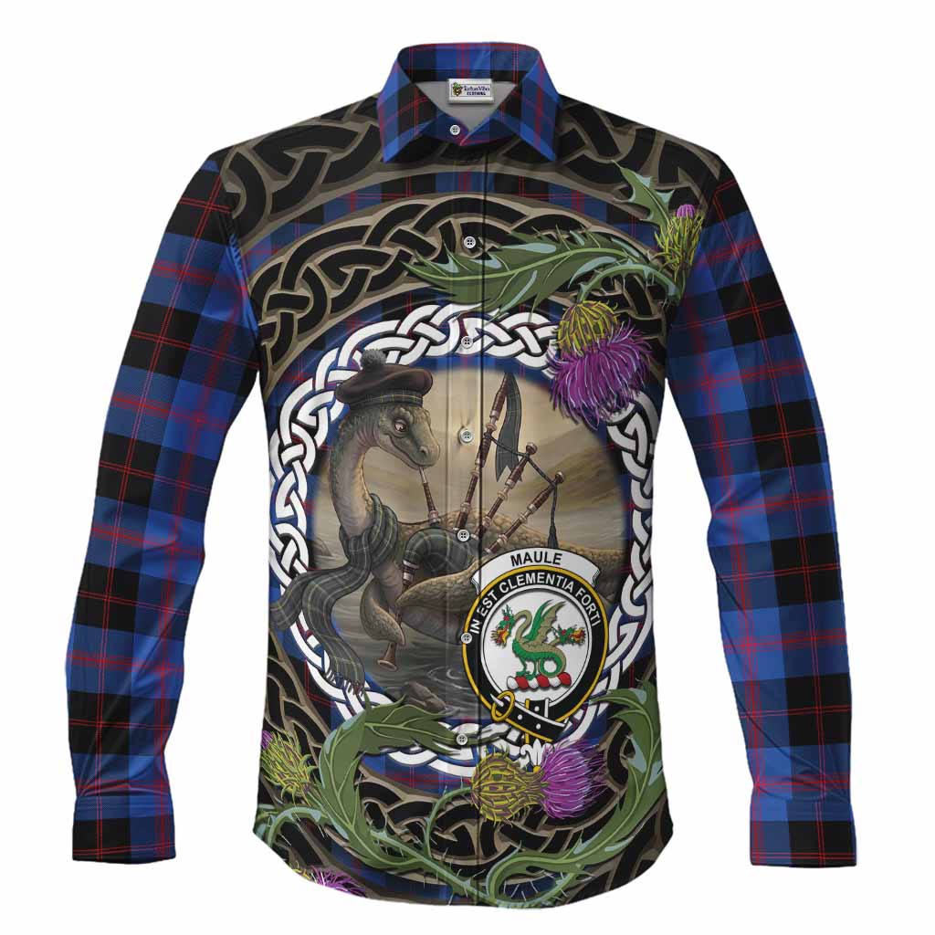 Maule Tartan Crest Bagpipe Nessie Long Sleeve Button Shirts Scottish Loch Ness Monster Celtic Thistle