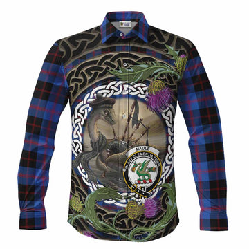 Maule Tartan Crest Bagpipe Nessie Long Sleeve Button Shirts Scottish Loch Ness Monster Celtic Thistle